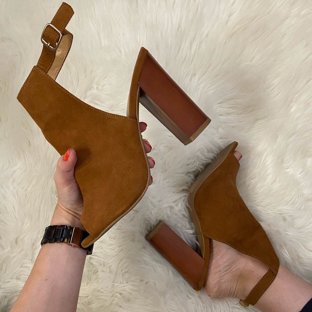 Cognac Peep-Toe Block Heel “Embark” Bootie